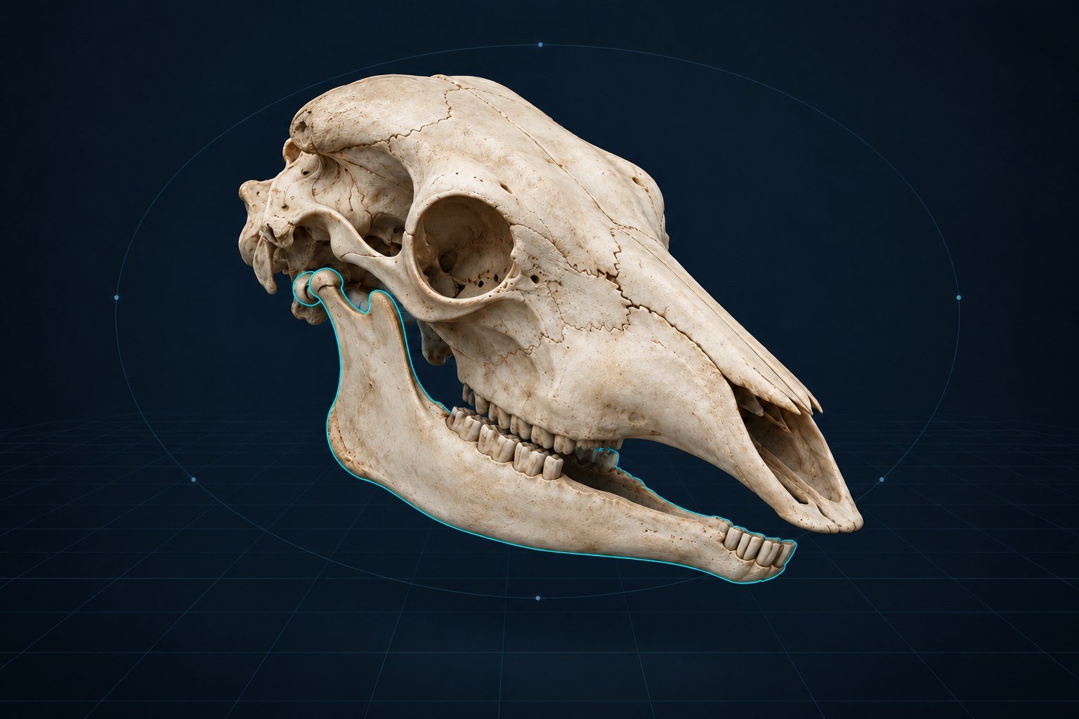 Illustrative bovine skull model with a cyan selection outline