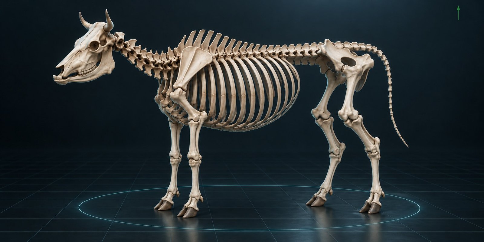 Illustrative 3D bovine skeleton in a digital anatomy studio