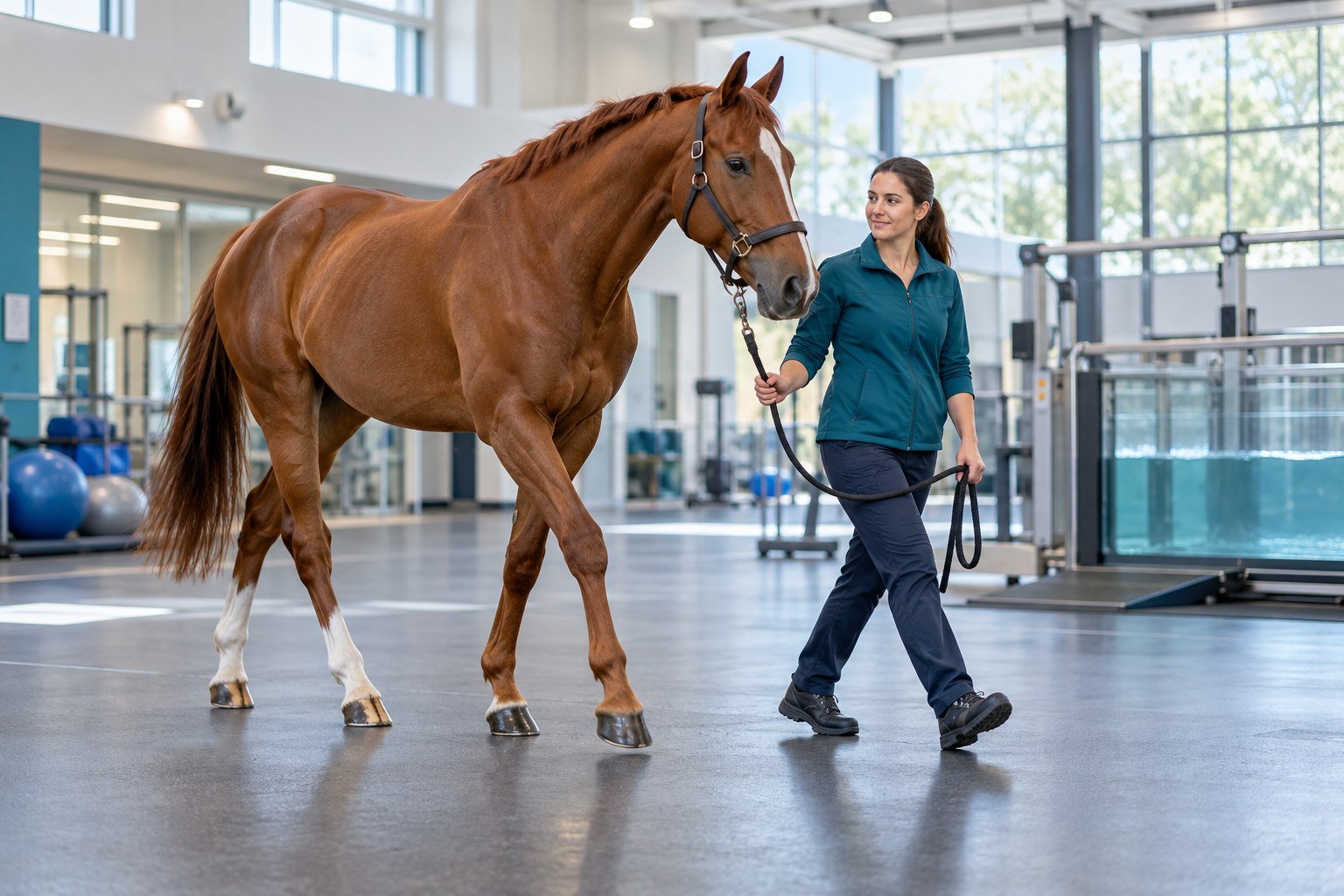 Horse walking with a handler in an equine rehabilitation centre