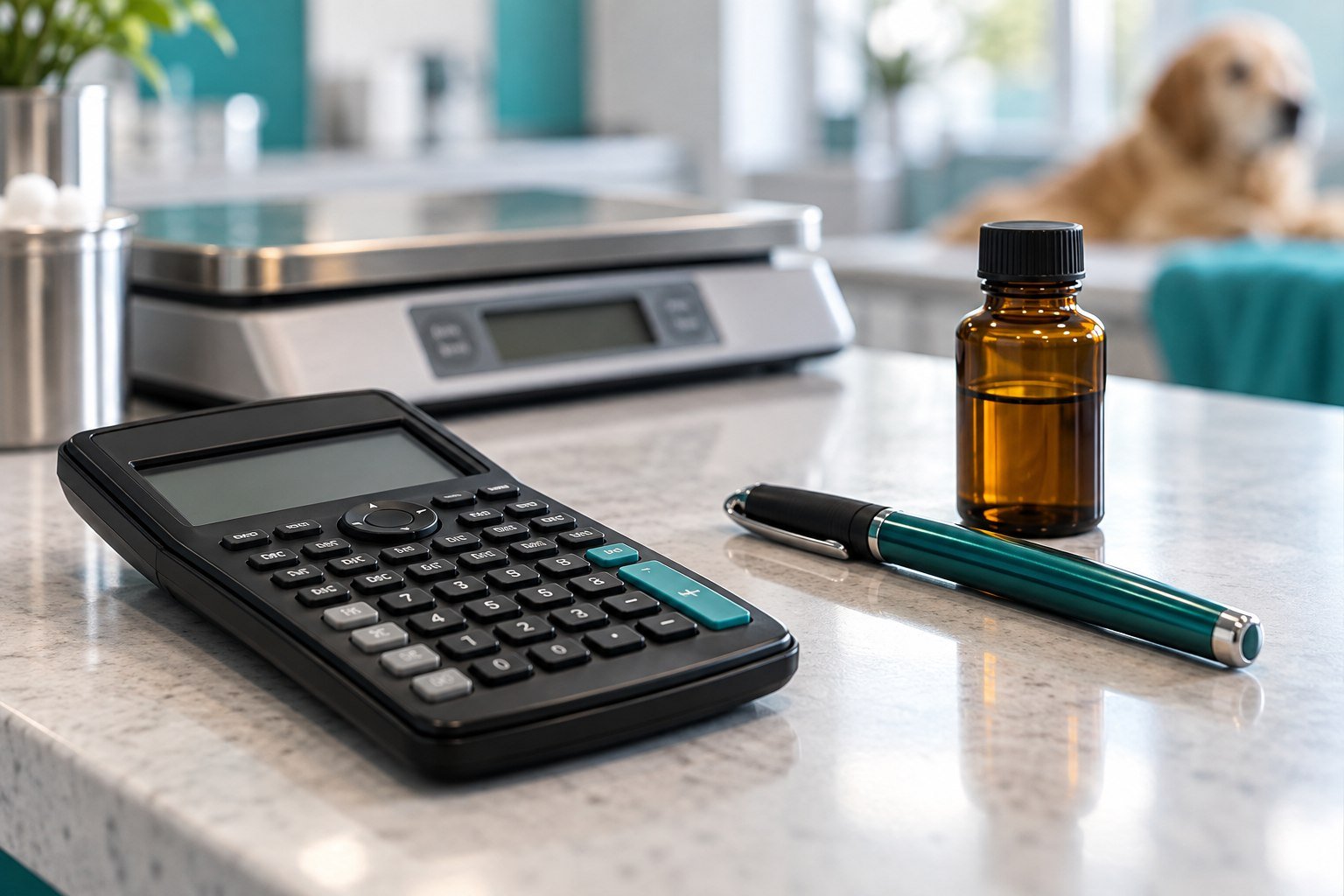 Calculator, pen and unlabelled medicine bottle