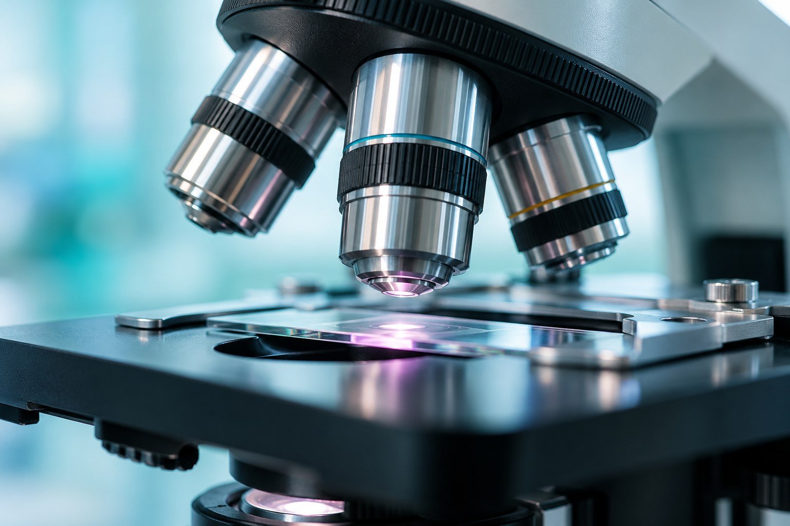 Close view of microscope objectives and a glass slide