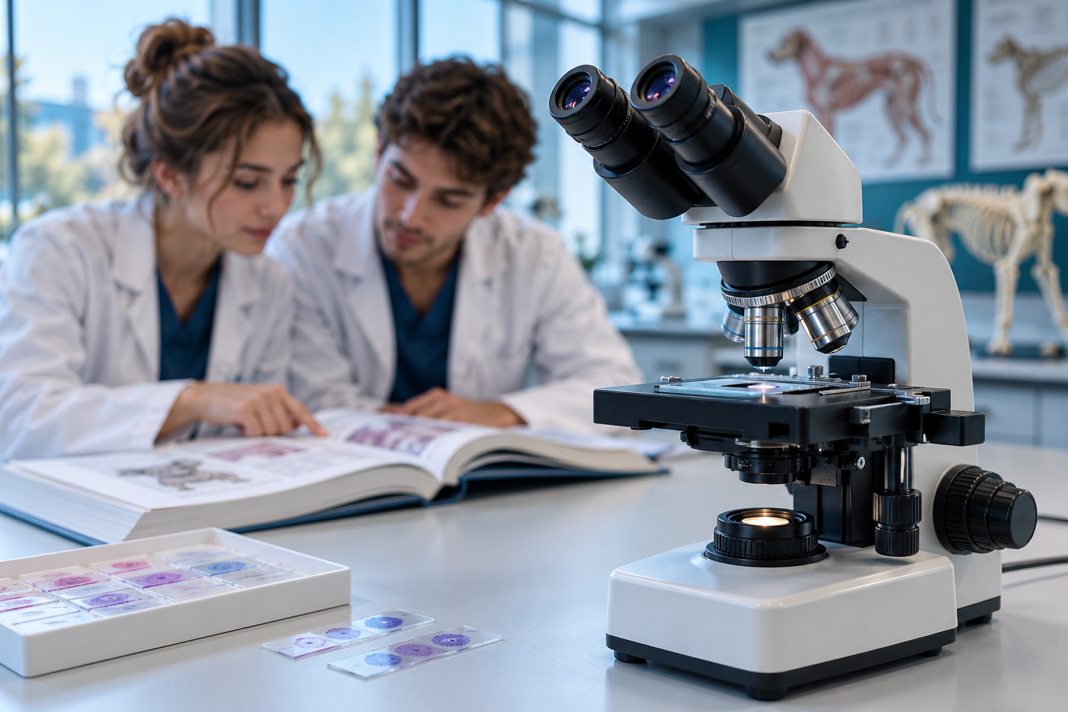 Microscope with students studying in the background