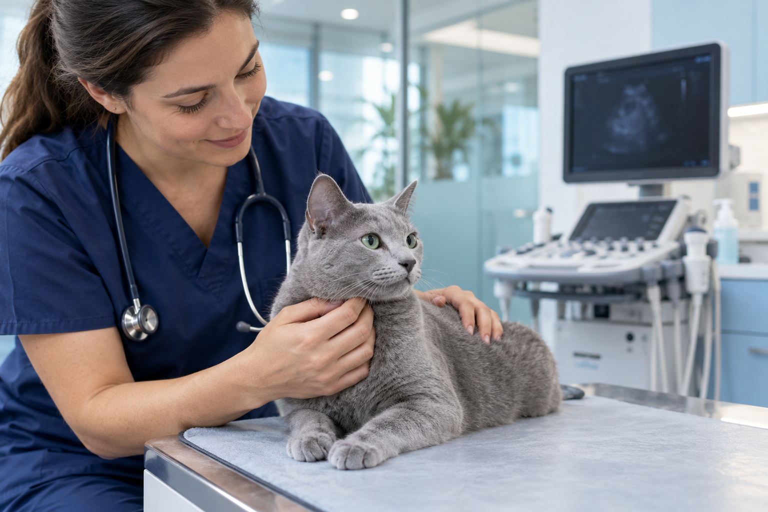 Veterinarian comforting a cat in a modern clinic