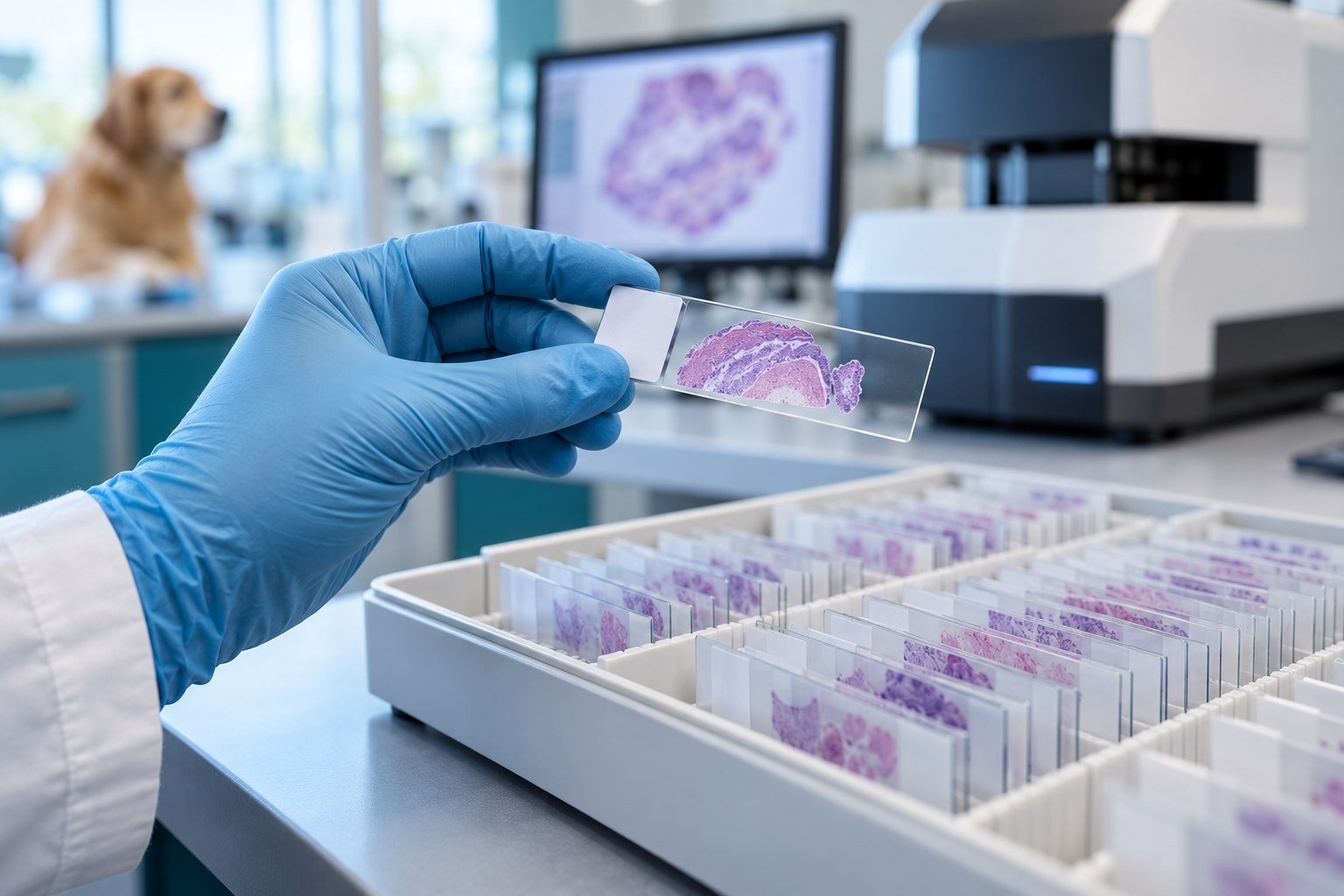 Gloved hand holding a histology teaching slide