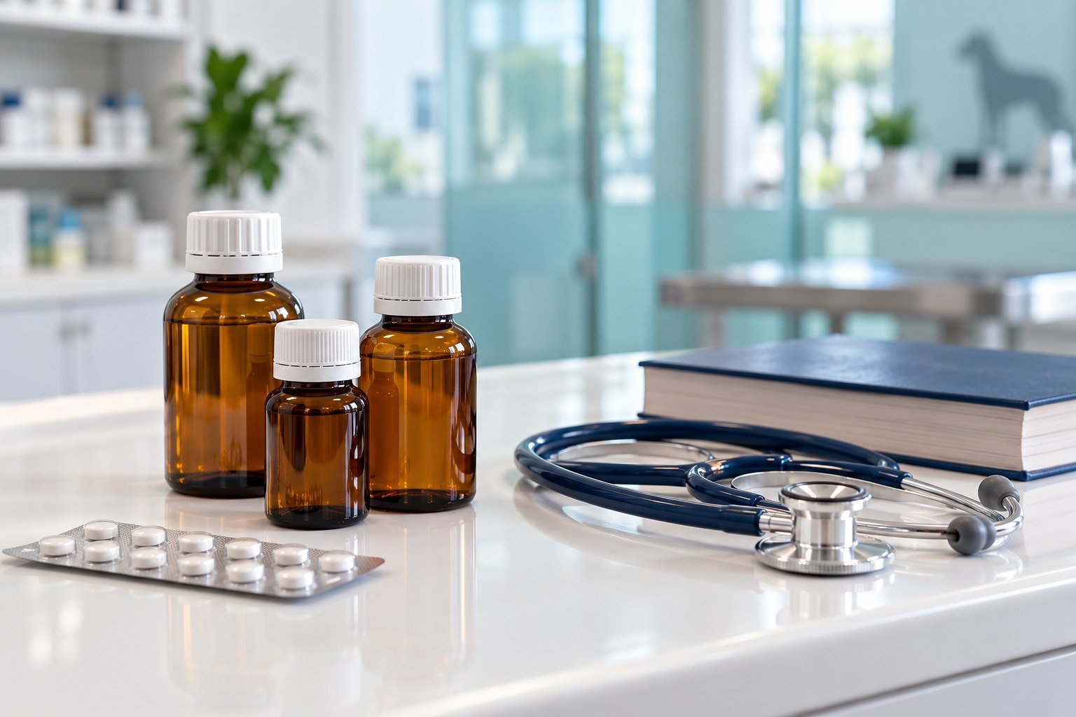 Unlabelled pharmacy bottles beside a reference book and stethoscope