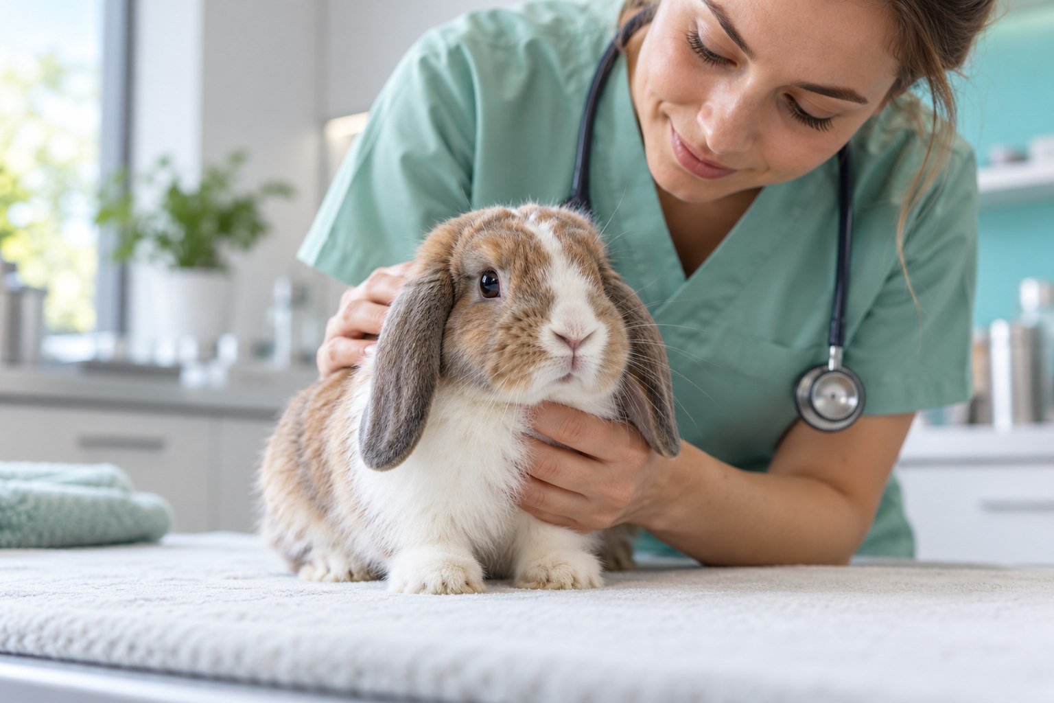 Veterinarian gently examining a rabbit