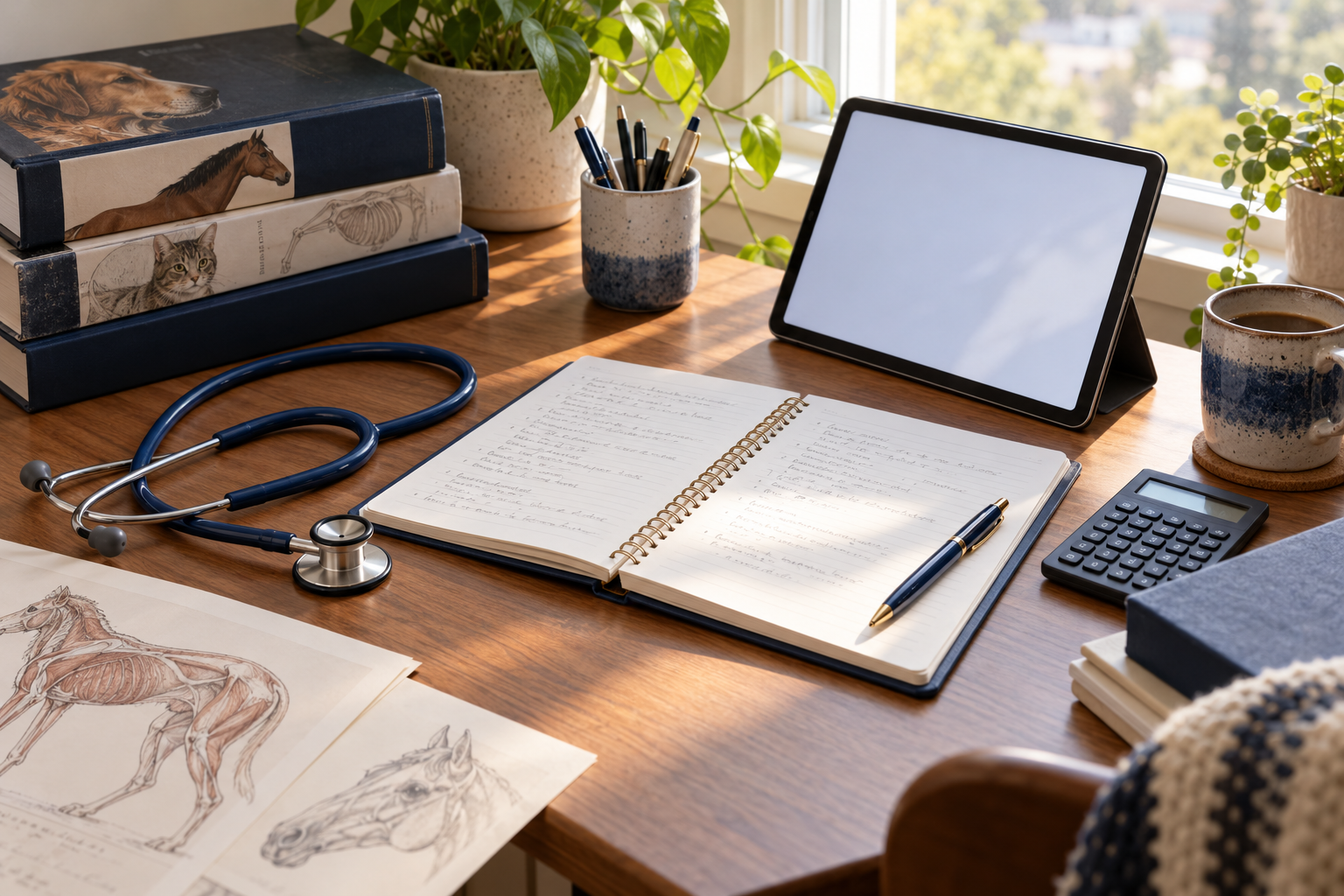 A veterinary study desk with notebook and tablet