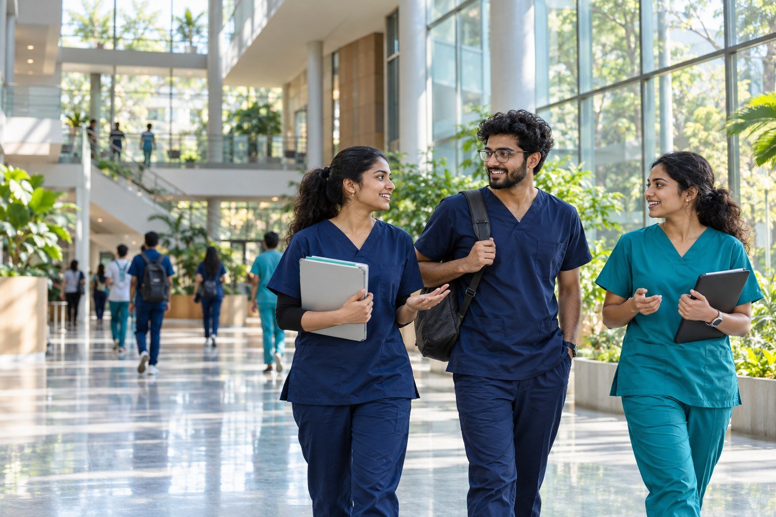 Veterinary professionals in a university atrium